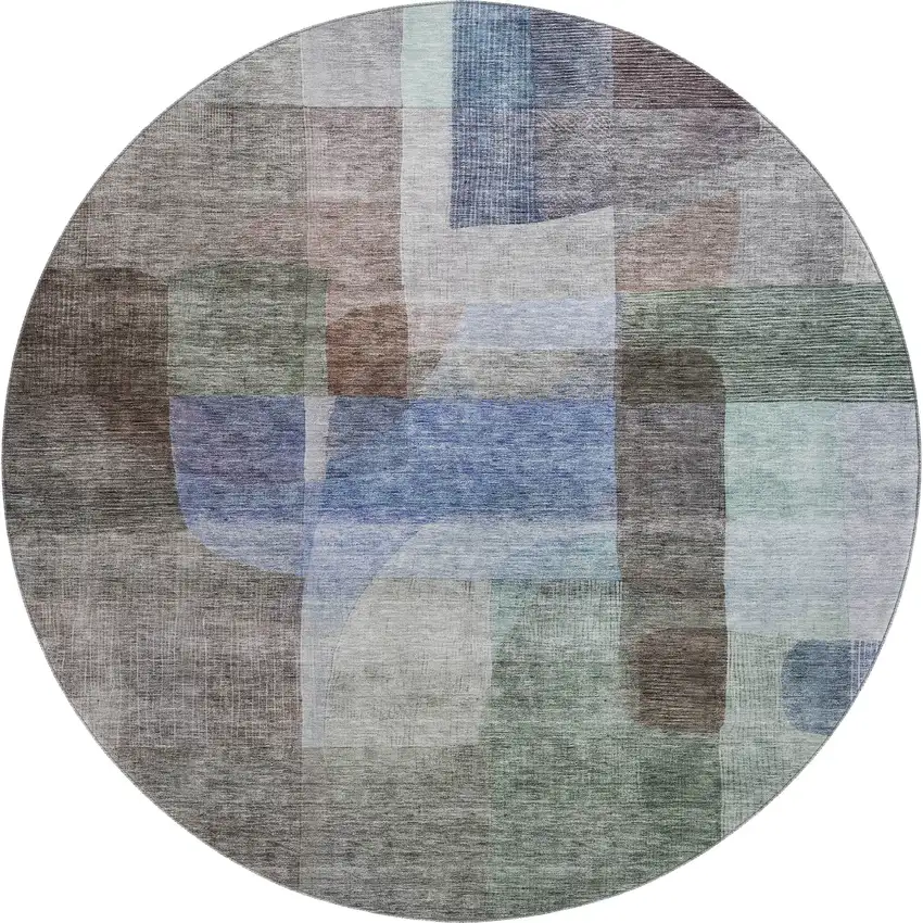 8' Brown Green And Blue Abstract Washable Round Rug With UV Protection Photo 1