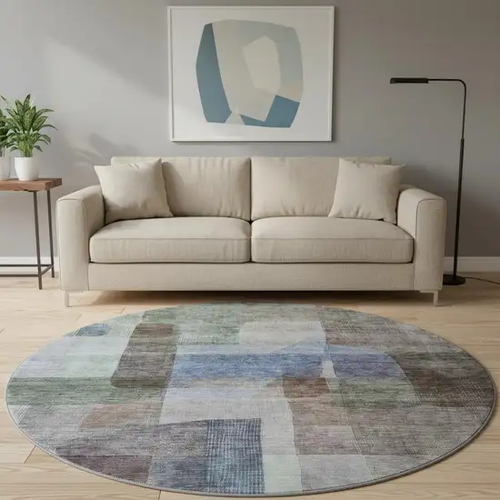 8' Brown Green And Blue Abstract Washable Round Rug With UV Protection Photo 2