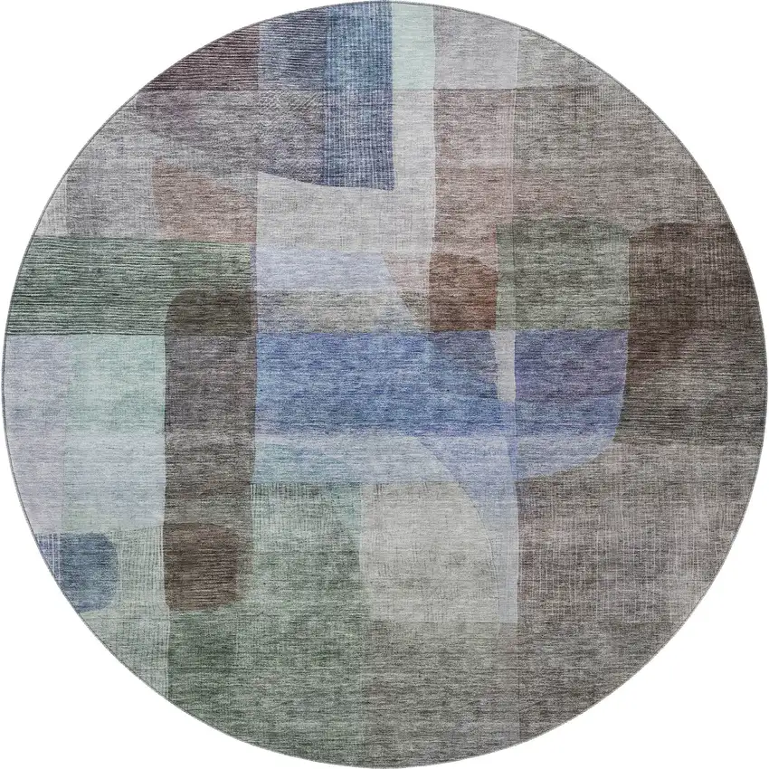8' Brown Green And Blue Abstract Washable Round Rug With UV Protection Photo 3