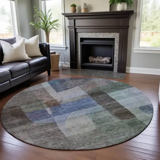 8' Brown Green And Blue Abstract Washable Round Rug With UV Protection Photo 4