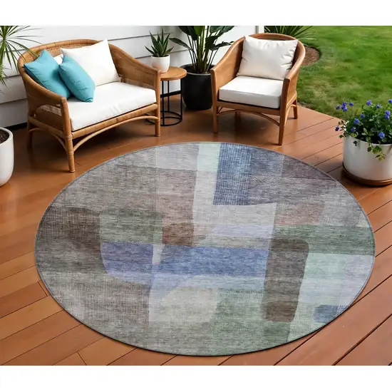 8' Brown Green And Blue Round Abstract Washable Indoor Outdoor Area Rug Photo 1