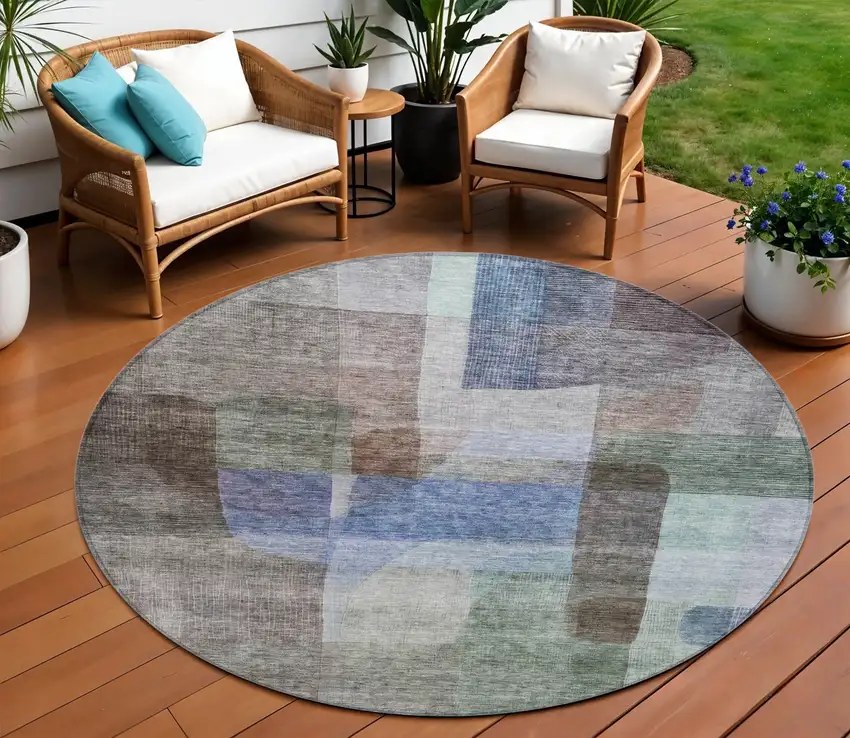 8' Brown Green And Blue Round Abstract Washable Indoor Outdoor Area Rug Photo 1