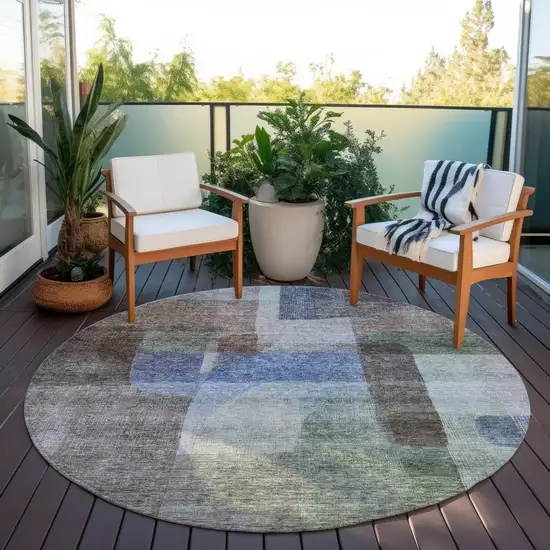 8' Brown Green And Blue Round Abstract Washable Indoor Outdoor Area Rug Photo 7