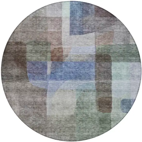 8' Brown Green And Blue Round Abstract Washable Indoor Outdoor Area Rug Photo 2