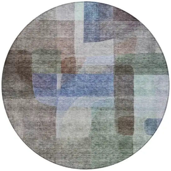 8' Brown Green And Blue Round Abstract Washable Indoor Outdoor Area Rug Photo 6