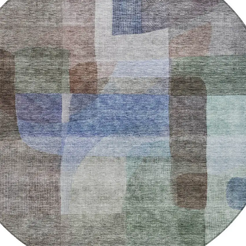 8' Brown Green And Blue Round Abstract Washable Indoor Outdoor Area Rug Photo 5