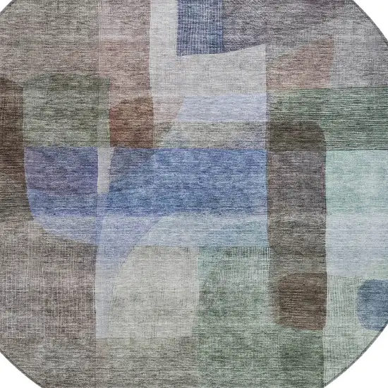 8' Brown Green And Blue Round Abstract Washable Indoor Outdoor Area Rug Photo 5