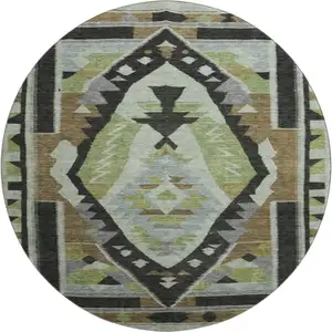 Photo of 8' Brown Green And Charcoal Tribal Washable Round Rug With UV Protection