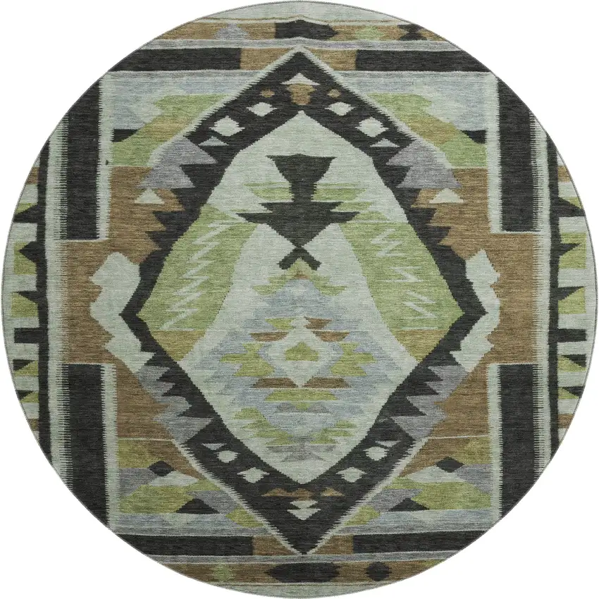 8' Brown Green And Charcoal Tribal Washable Round Rug With UV Protection Photo 1