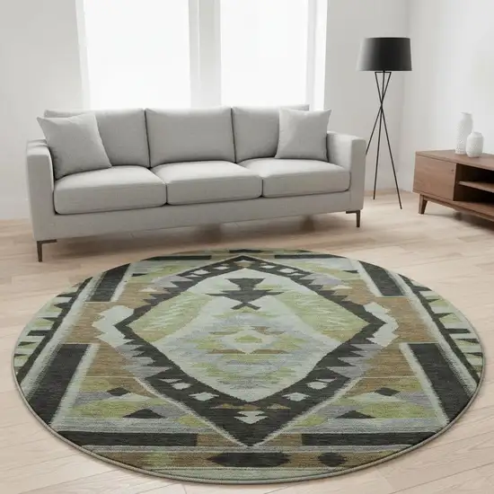8' Brown Green And Charcoal Tribal Washable Round Rug With UV Protection Photo 2