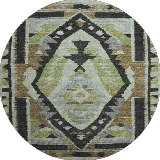 8' Brown Green And Charcoal Tribal Washable Round Rug With UV Protection Photo 4