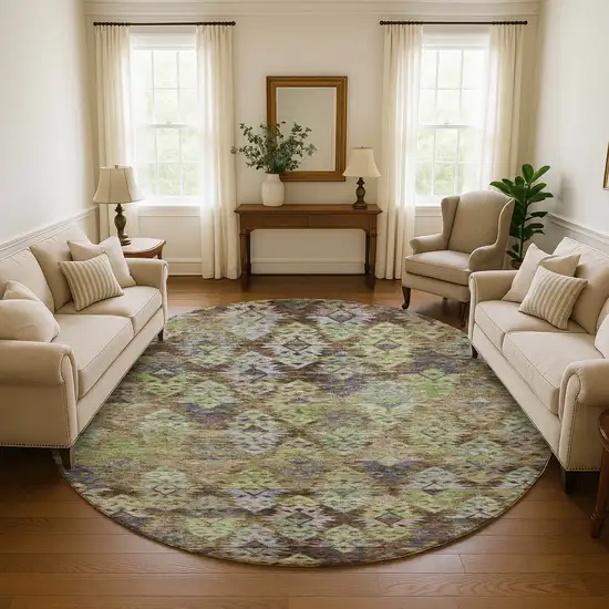 8' Brown Green And Gray Ikat Washable Round Rug With UV Protection Photo 4