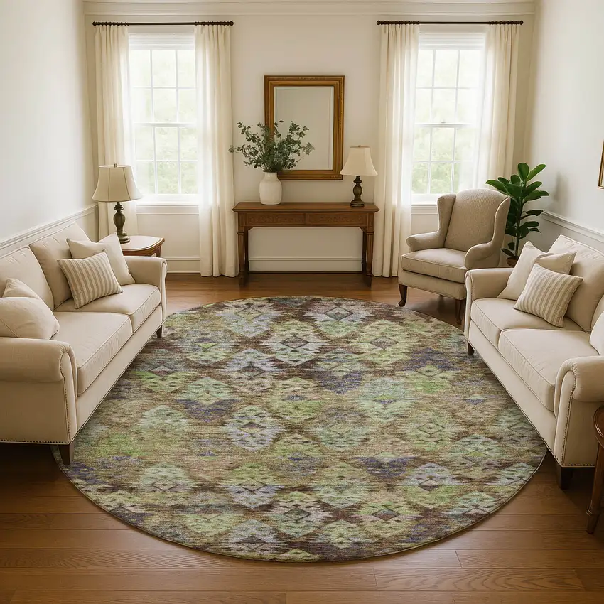 8' Brown Green And Gray Ikat Washable Round Rug With UV Protection Photo 4