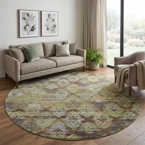 8' Brown Green And Gray Ikat Washable Round Rug With UV Protection Photo 1