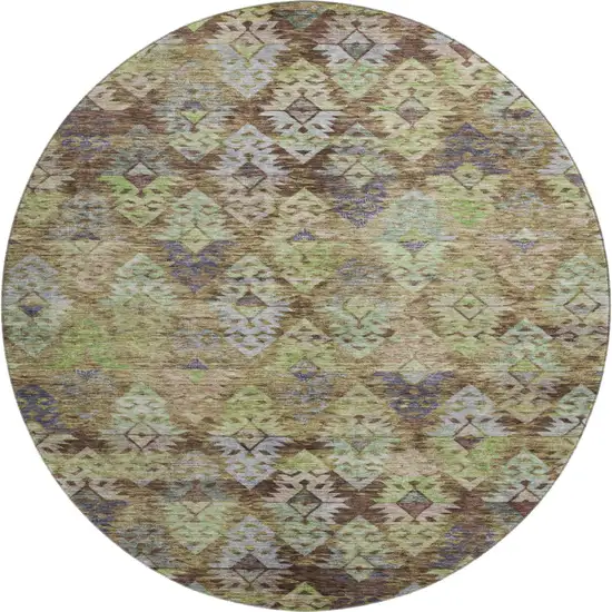 8' Brown Green And Gray Ikat Washable Round Rug With UV Protection Photo 1