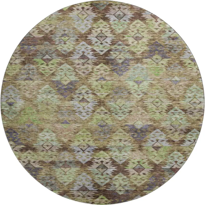 8' Brown Green And Gray Ikat Washable Round Rug With UV Protection Photo 1