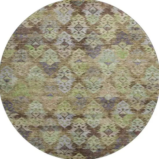 8' Brown Green And Gray Ikat Washable Round Rug With UV Protection Photo 3