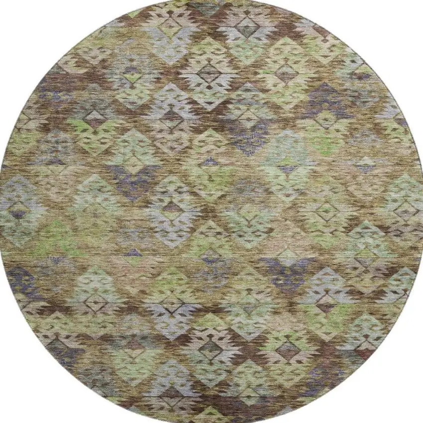 8' Brown Green And Gray Ikat Washable Round Rug With UV Protection Photo 3