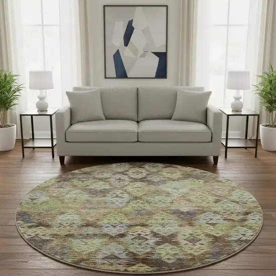 8' Brown Green And Gray Ikat Washable Round Rug With UV Protection Photo 2