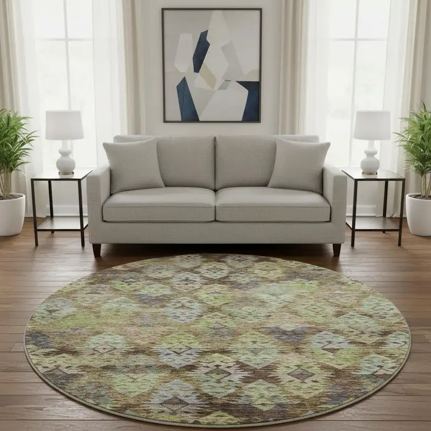8' Brown Green And Gray Ikat Washable Round Rug With UV Protection Photo 2