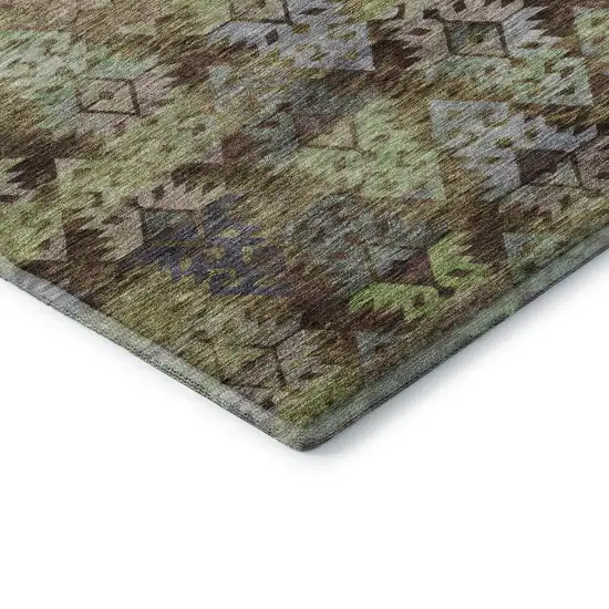 8' Brown Green And Gray Ikat Washable Round Rug With UV Protection Photo 6