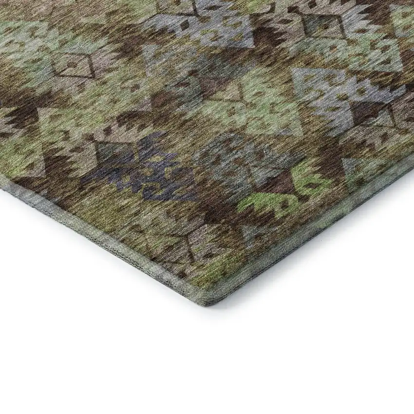 8' Brown Green And Gray Ikat Washable Round Rug With UV Protection Photo 6