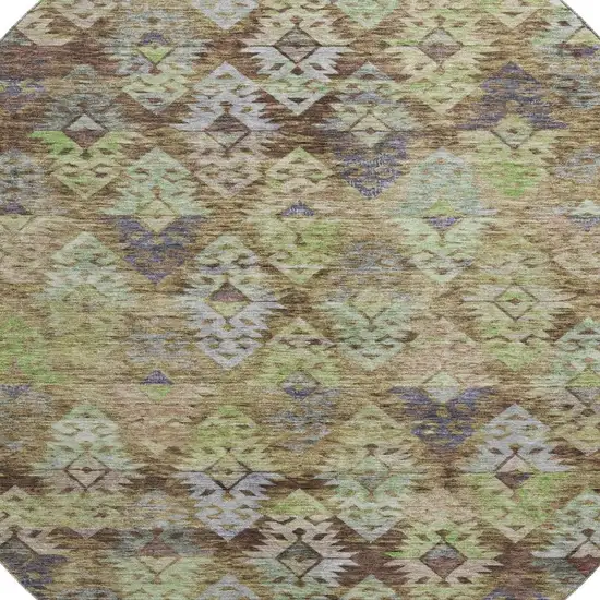 8' Brown Green And Gray Ikat Washable Round Rug With UV Protection Photo 2
