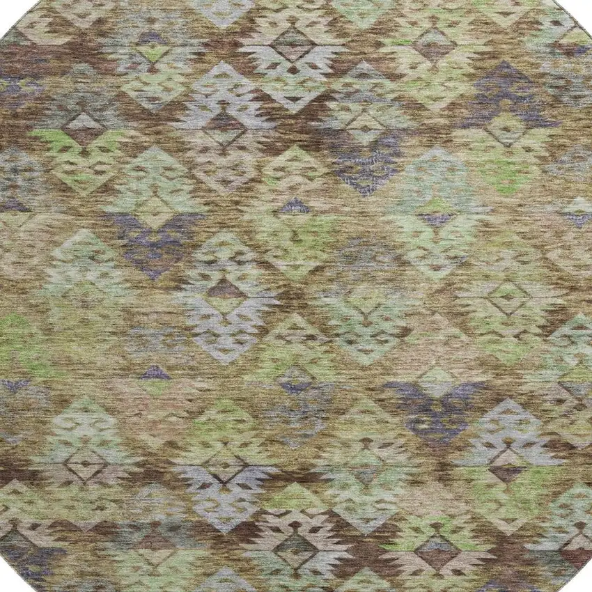 8' Brown Green And Gray Ikat Washable Round Rug With UV Protection Photo 2