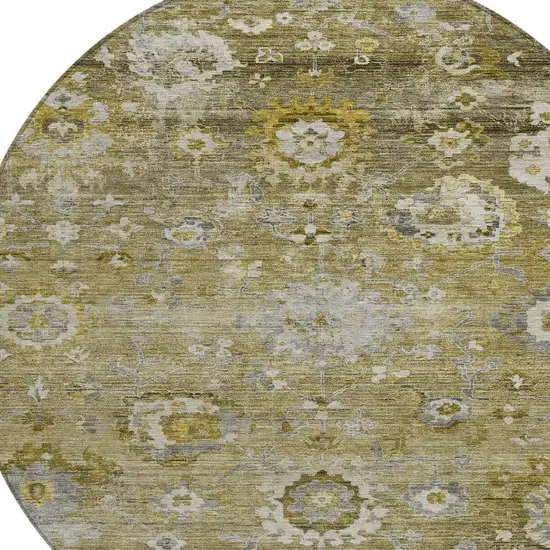 8' Brown Green And Gray Round Floral Washable Indoor Outdoor Area Rug Photo 5