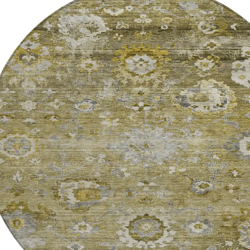 8' Brown Green And Gray Round Floral Washable Indoor Outdoor Area Rug Photo 5