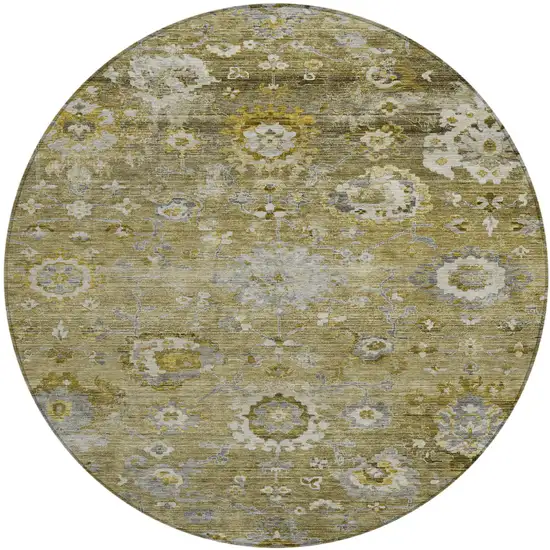 8' Brown Green And Gray Round Floral Washable Indoor Outdoor Area Rug Photo 2