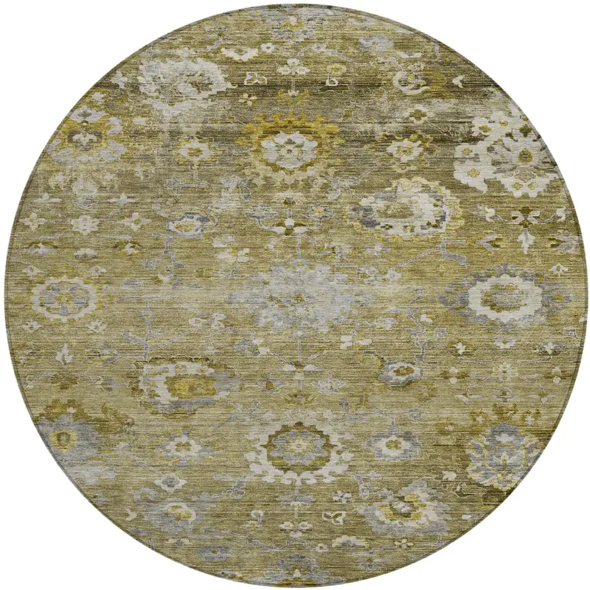 8' Brown Green And Gray Round Floral Washable Indoor Outdoor Area Rug Photo 2