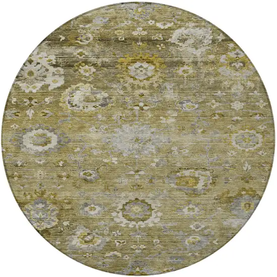 8' Brown Green And Gray Round Floral Washable Indoor Outdoor Area Rug Photo 6