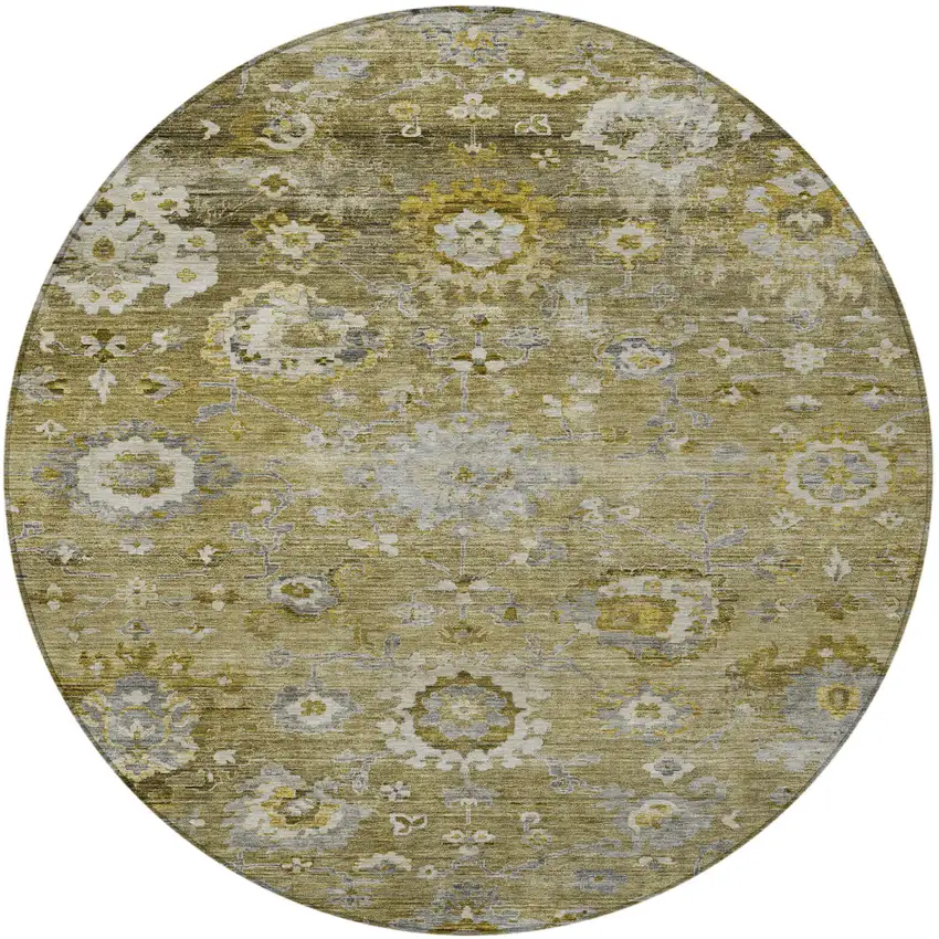 8' Brown Green And Gray Round Floral Washable Indoor Outdoor Area Rug Photo 6