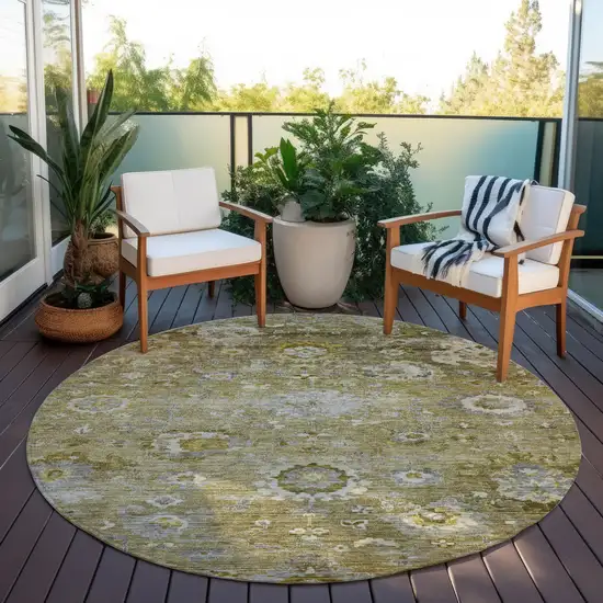 8' Brown Green And Gray Round Floral Washable Indoor Outdoor Area Rug Photo 7