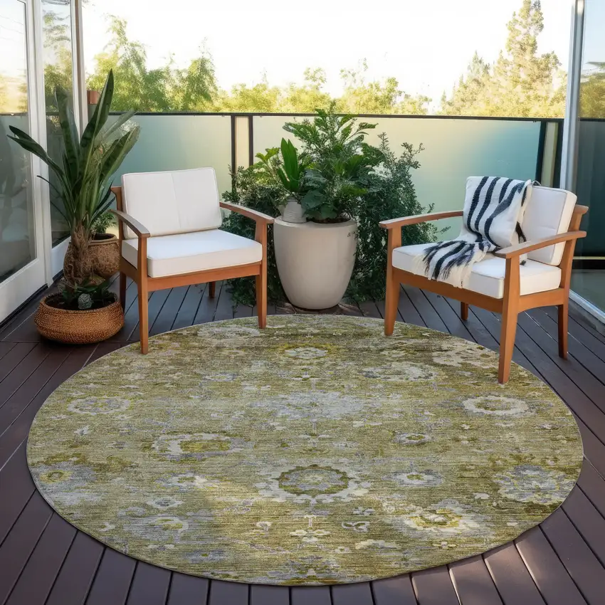 8' Brown Green And Gray Round Floral Washable Indoor Outdoor Area Rug Photo 7