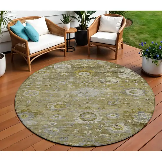 8' Brown Green And Gray Round Floral Washable Indoor Outdoor Area Rug Photo 1