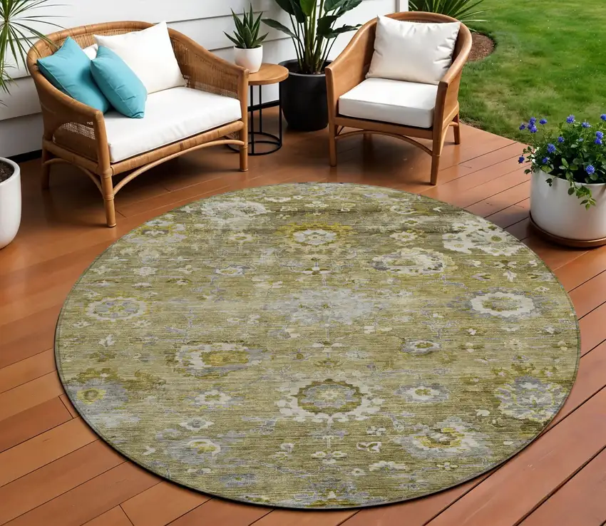 8' Brown Green And Gray Round Floral Washable Indoor Outdoor Area Rug Photo 1
