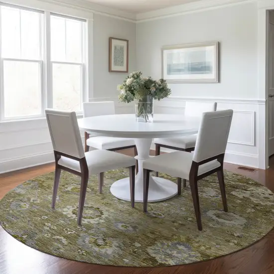 8' Brown Green And Gray Round Floral Washable Indoor Outdoor Area Rug Photo 8