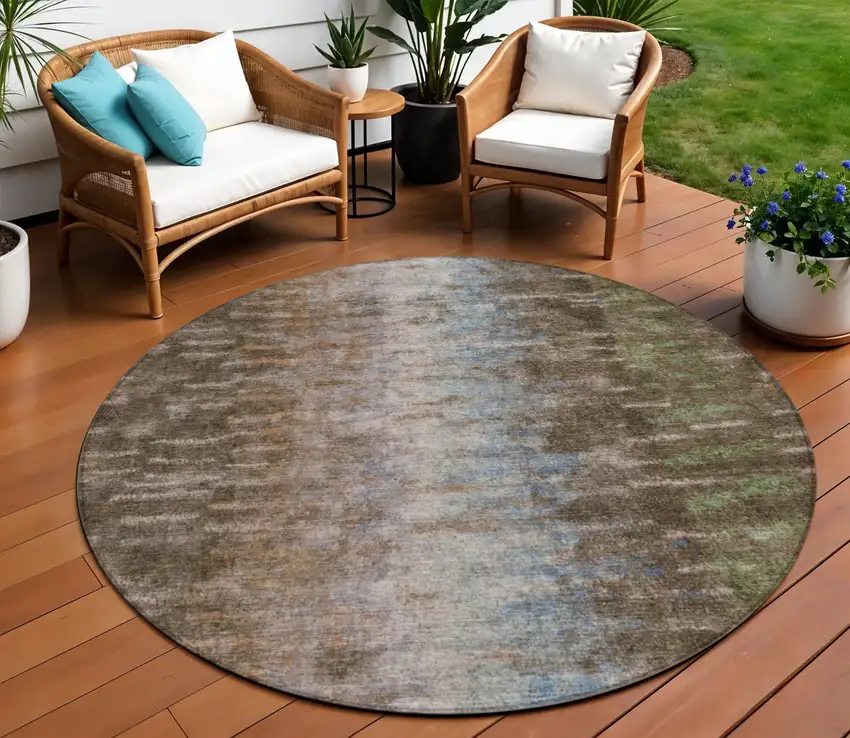 8' Brown Green And Ivory Round Abstract Washable Indoor Outdoor Area Rug Photo 1