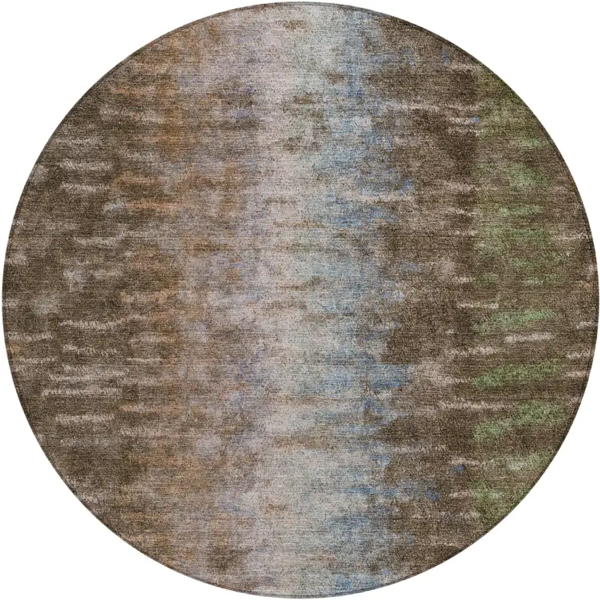 8' Brown Green And Ivory Round Abstract Washable Indoor Outdoor Area Rug Photo 2
