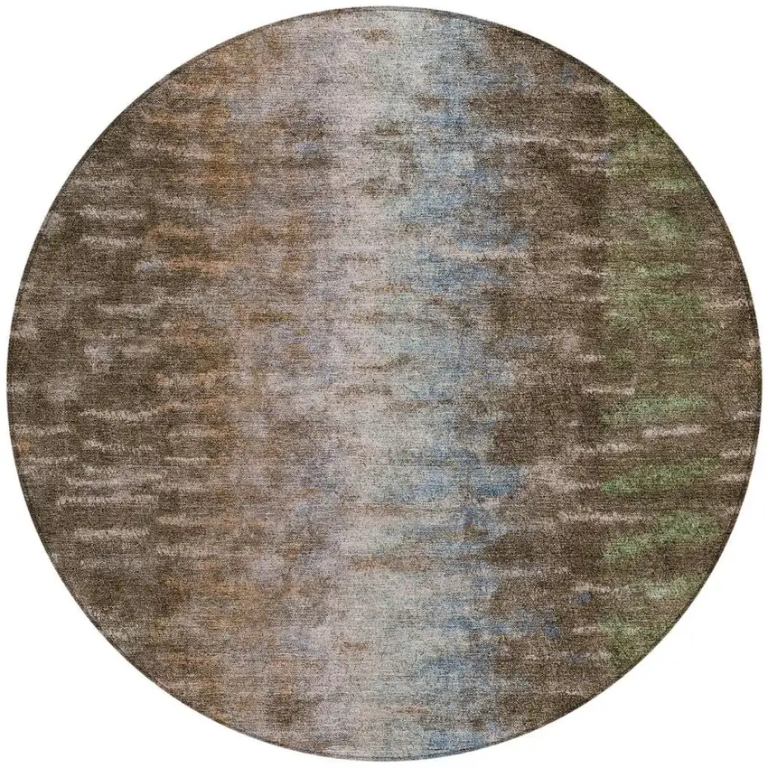 8' Brown Green And Ivory Round Abstract Washable Indoor Outdoor Area Rug Photo 4