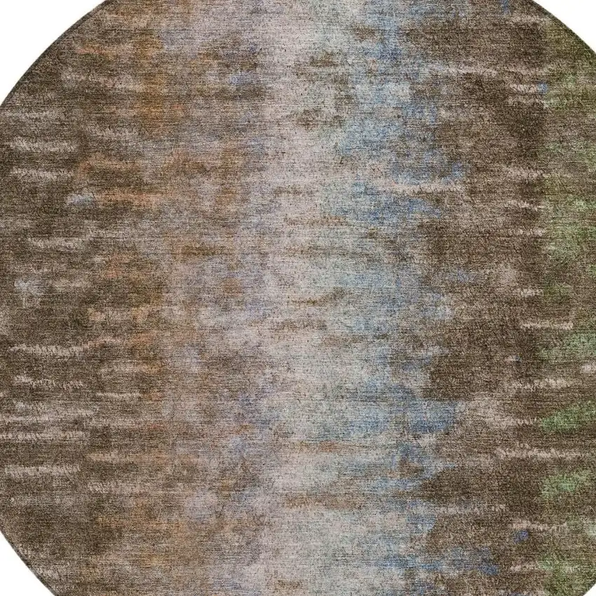 8' Brown Green And Ivory Round Abstract Washable Indoor Outdoor Area Rug Photo 7