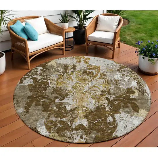 8' Brown Green And Ivory Round Damask Washable Indoor Outdoor Area Rug Photo 1