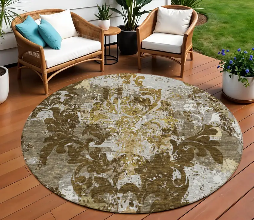 8' Brown Green And Ivory Round Damask Washable Indoor Outdoor Area Rug Photo 1