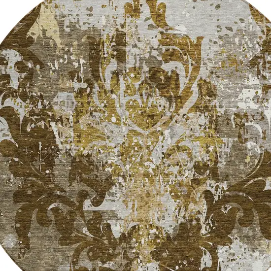 8' Brown Green And Ivory Round Damask Washable Indoor Outdoor Area Rug Photo 5