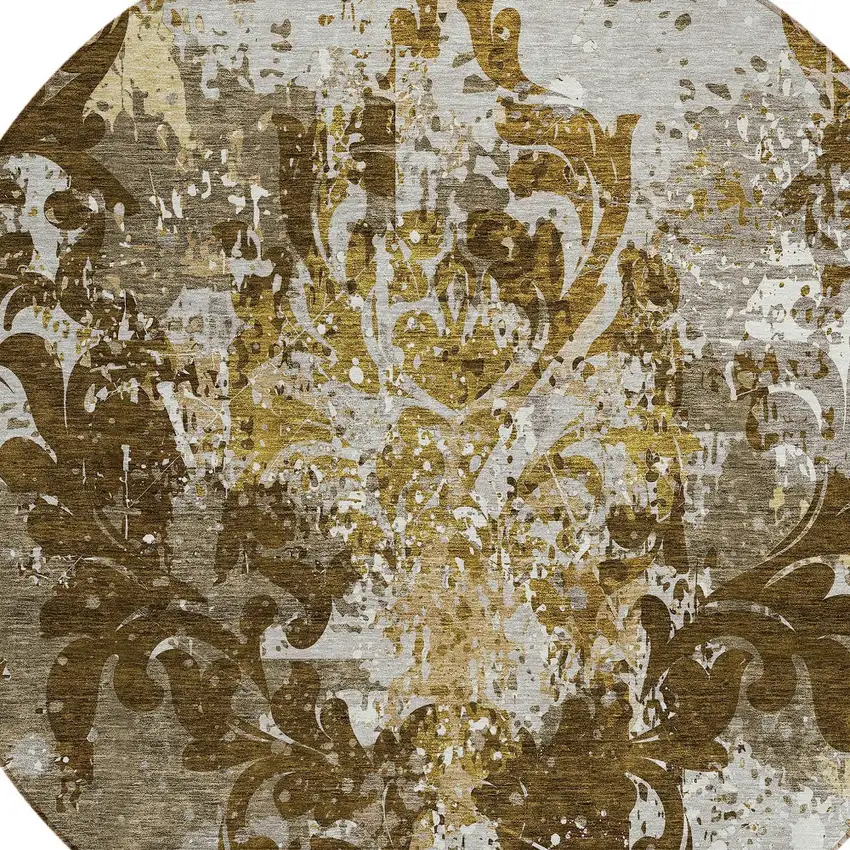 8' Brown Green And Ivory Round Damask Washable Indoor Outdoor Area Rug Photo 5