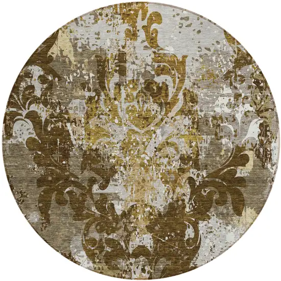 8' Brown Green And Ivory Round Damask Washable Indoor Outdoor Area Rug Photo 2