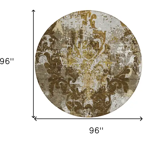8' Brown Green And Ivory Round Damask Washable Indoor Outdoor Area Rug Photo 3