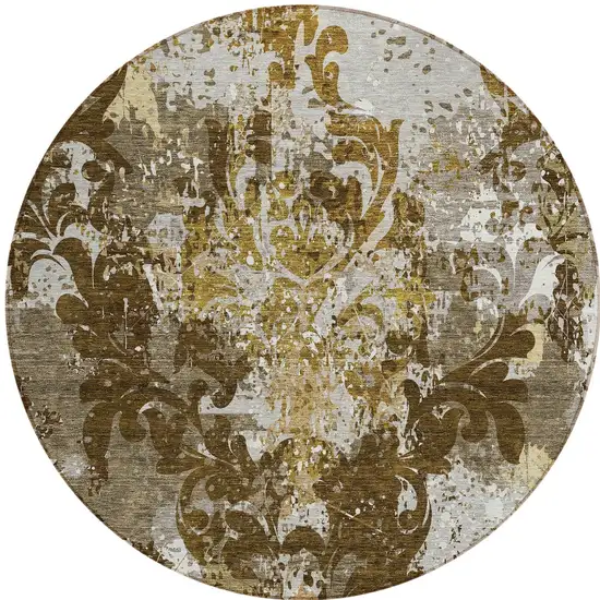 8' Brown Green And Ivory Round Damask Washable Indoor Outdoor Area Rug Photo 6